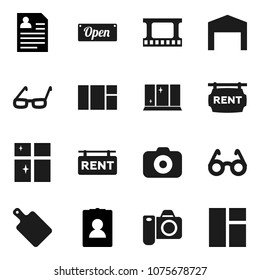 Flat vector icon set - shining window vector, cutting board, glasses, personal information, film frame, camera, barn, rent signboard, open
