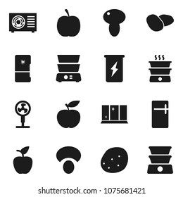Flat vector icon set - shining window vector, double boiler, mushroom, potato, apple fruit, diet, enegry drink, ari condition, fridge, fan