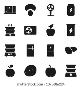 Flat vector icon set - shining window vector, double boiler, mushroom, potato, apple fruit, diet, enegry drink, ari condition, fridge, fan