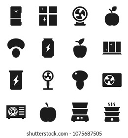 Flat vector icon set - shining window vector, double boiler, mushroom, apple fruit, diet, enegry drink, ari condition, fridge, fan