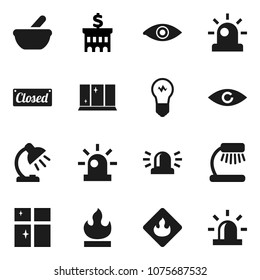 Flat vector icon set - shining window vector, table lamp, bank building, flammable, eye, mortar, siren, closed, bulb