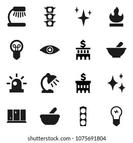 Flat vector icon set - shining vector, window, table lamp, bank building, traffic light, flammable, eye, mortar, siren, bulb