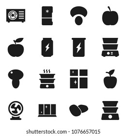 Flat vector icon set - shining window vector, double boiler, mushroom, potato, apple fruit, diet, enegry drink, ari condition, fridge, fan