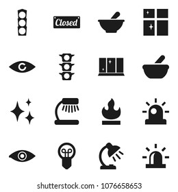 Flat vector icon set - shining vector, window, table lamp, traffic light, flammable, eye, mortar, closed, siren, bulb