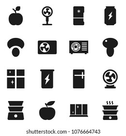 Flat vector icon set - shining window vector, double boiler, mushroom, apple fruit, diet, enegry drink, ari condition, fridge, fan