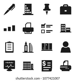 Flat vector icon set - shining window vector, case, pen, exam, receipt, clipboard, sorting, thumbtack, diagnostic monitor, user, apartments, office building, printer