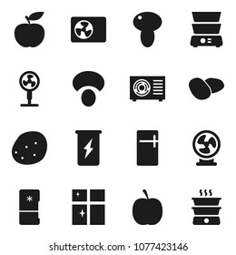 Flat vector icon set - shining window vector, double boiler, mushroom, potato, diet, enegry drink, ari condition, fridge, fan