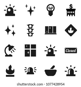 Flat vector icon set - shining vector, window, table lamp, bank building, traffic light, flammable, mortar, siren, closed, bulb