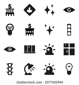 Flat vector icon set - shining vector, window, table lamp, bank building, traffic light, flammable, eye, siren, bulb