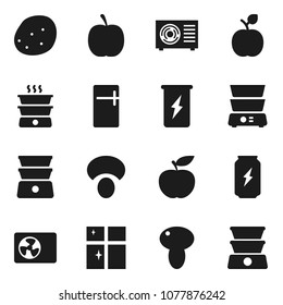 Flat vector icon set - shining window vector, double boiler, mushroom, potato, apple fruit, diet, enegry drink, ari condition, fridge