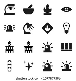 Flat vector icon set - shining vector, window, table lamp, bank building, traffic light, flammable, eye, mortar, siren, bulb