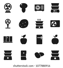 Flat vector icon set - shining window vector, double boiler, mushroom, potato, apple fruit, ari condition, fridge, fan