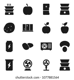 Flat vector icon set - shining window vector, double boiler, mushroom, potato, apple fruit, diet, enegry drink, ari condition, fridge, fan