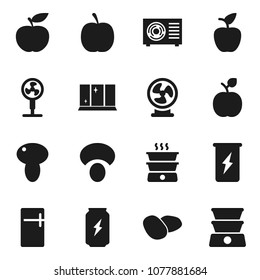 Flat vector icon set - shining window vector, mushroom, potato, apple fruit, diet, enegry drink, ari condition, fridge, fan, double boiler