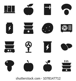 Flat vector icon set - shining window vector, double boiler, mushroom, potato, apple fruit, diet, enegry drink, ari condition, fridge, fan