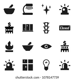Flat vector icon set - shining vector, window, table lamp, bank building, traffic light, flammable, eye, mortar, siren, closed, bulb