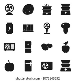 Flat vector icon set - shining window vector, double boiler, mushroom, potato, apple fruit, diet, enegry drink, ari condition, fridge, fan