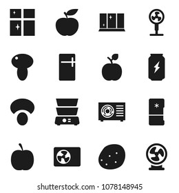 Flat vector icon set - shining window vector, double boiler, mushroom, potato, apple fruit, diet, enegry drink, ari condition, fridge, fan
