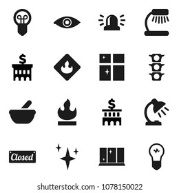Flat vector icon set - shining vector, window, table lamp, bank building, traffic light, flammable, eye, mortar, siren, closed, bulb