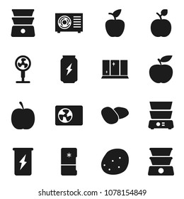 Flat vector icon set - shining window vector, double boiler, potato, apple fruit, diet, enegry drink, ari condition, fridge, fan