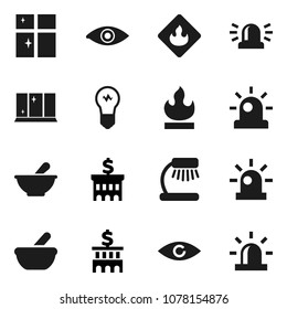 Flat vector icon set - shining window vector, table lamp, bank building, flammable, eye, mortar, siren, bulb