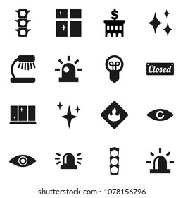 Flat vector icon set - shining vector, window, table lamp, bank building, traffic light, flammable, eye, siren, closed, bulb