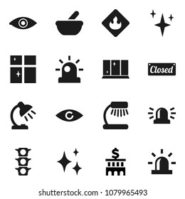 Flat vector icon set - shining vector, window, table lamp, bank building, traffic light, flammable, eye, mortar, siren, closed