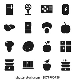 Flat vector icon set - shining window vector, double boiler, mushroom, potato, apple fruit, diet, enegry drink, ari condition, fridge, fan