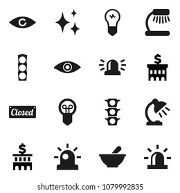 Flat vector icon set - shining vector, table lamp, bank building, traffic light, eye, mortar, siren, closed, bulb