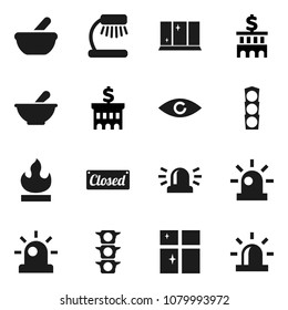 Flat vector icon set - shining window vector, table lamp, bank building, traffic light, flammable, eye, mortar, siren, closed