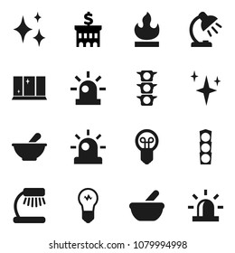 Flat vector icon set - shining vector, window, table lamp, bank building, traffic light, flammable, mortar, siren, bulb