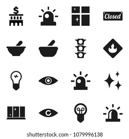 Flat vector icon set - shining vector, window, bank building, traffic light, flammable, eye, mortar, siren, closed, bulb