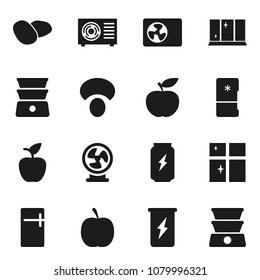 Flat vector icon set - shining window vector, double boiler, mushroom, potato, apple fruit, diet, energy drink, air condition, fridge, fan