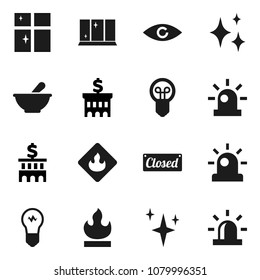 Flat vector icon set - shining vector, window, bank building, flammable, eye, mortar, siren, closed, bulb