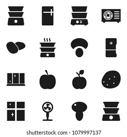 Flat vector icon set - shining window vector, double boiler, mushroom, potato, apple fruit, diet, ari condition, fridge, fan