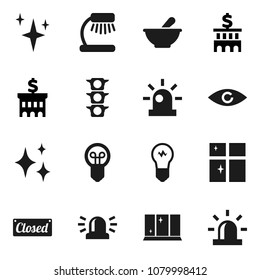 Flat vector icon set - shining vector, window, table lamp, bank building, traffic light, eye, mortar, siren, closed, bulb