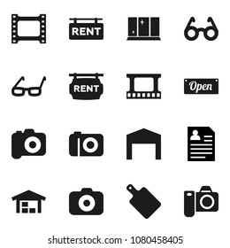 Flat vector icon set - shining window vector, cutting board, glasses, personal information, film frame, camera, barn, rent signboard, open
