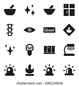 Flat vector icon set - shining vector, window, table lamp, traffic light, flammable, eye, mortar, siren, closed, bulb