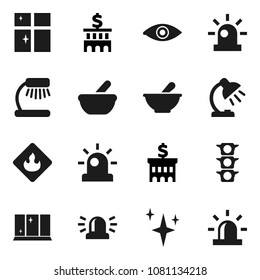 Flat vector icon set - shining vector, window, table lamp, bank building, traffic light, flammable, eye, mortar, siren