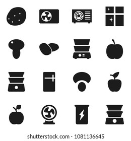 Flat vector icon set - shining window vector, double boiler, mushroom, potato, apple fruit, diet, enegry drink, ari condition, fridge, fan