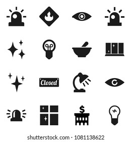 Flat vector icon set - shining vector, window, table lamp, bank building, flammable, eye, mortar, siren, closed, bulb