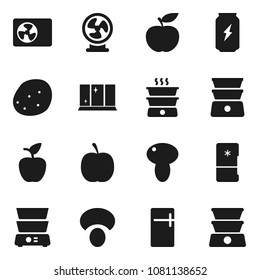 Flat vector icon set - shining window vector, double boiler, mushroom, potato, apple fruit, diet, enegry drink, ari condition, fridge, fan