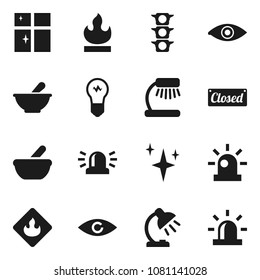 Flat vector icon set - shining vector, window, table lamp, traffic light, flammable, eye, mortar, siren, closed, bulb