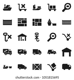 Flat vector icon set - ship vector, sea container, delivery, car, port, wood box, consolidated cargo, no trolley, hook, warehouse, search, relocation truck