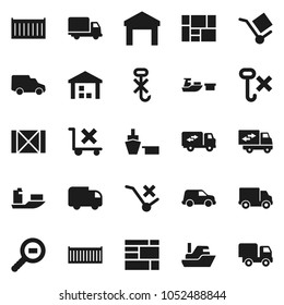Flat vector icon set - ship vector, sea container, delivery, car, port, wood box, consolidated cargo, no trolley, hook, warehouse, search, relocation truck