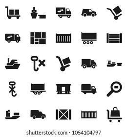 Flat vector icon set - ship vector, truck trailer, sea container, delivery, car, port, wood box, consolidated cargo, no hook, search, Railway carriage, relocation, trolley