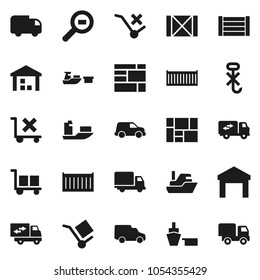 Flat vector icon set - ship vector, sea container, delivery, car, port, wood box, consolidated cargo, no trolley, hook, warehouse, search, relocation truck