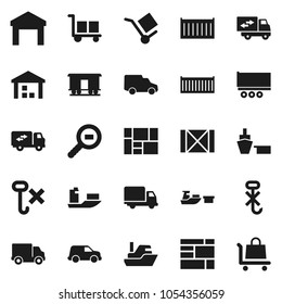 Flat vector icon set - ship vector, truck trailer, sea container, delivery, car, port, wood box, consolidated cargo, no hook, warehouse, search, Railway carriage, relocation, trolley