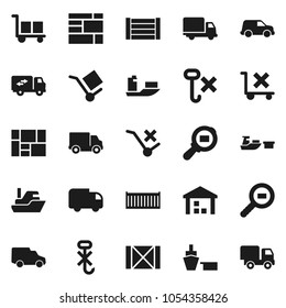 Flat vector icon set - ship vector, sea container, delivery, car, port, wood box, consolidated cargo, no trolley, hook, warehouse, search, relocation truck