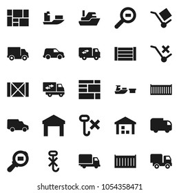 Flat vector icon set - ship vector, sea container, delivery, car, port, wood box, consolidated cargo, no trolley, hook, warehouse, search, relocation truck